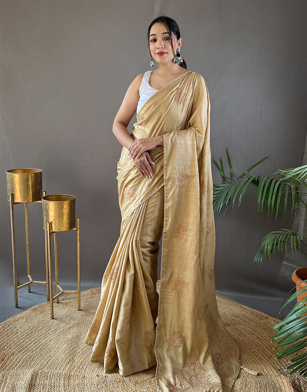 Buff Beige Silk Saree With Embroidery Work