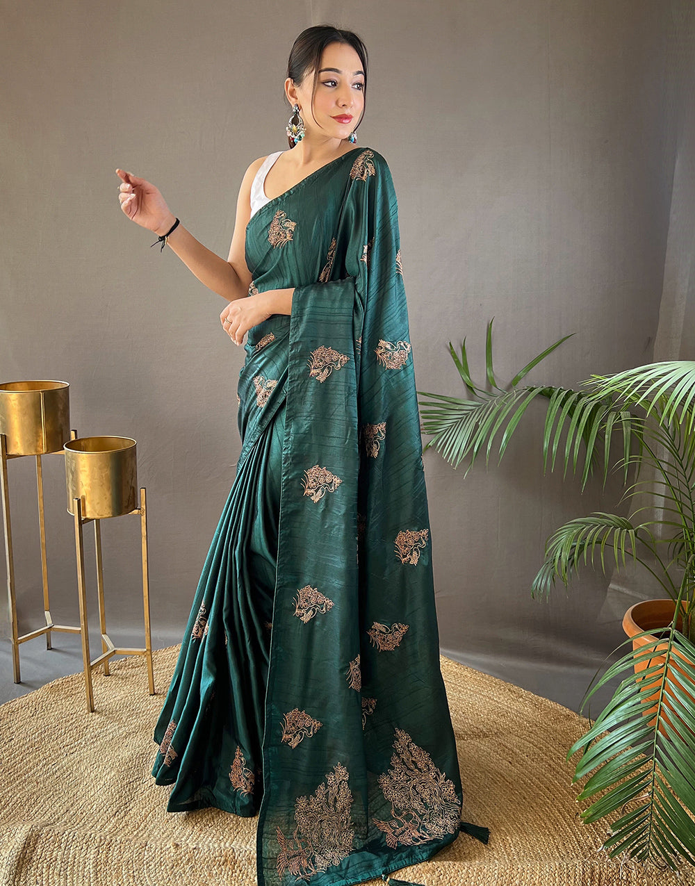 Dark Green Silk Saree With Embroidery Work