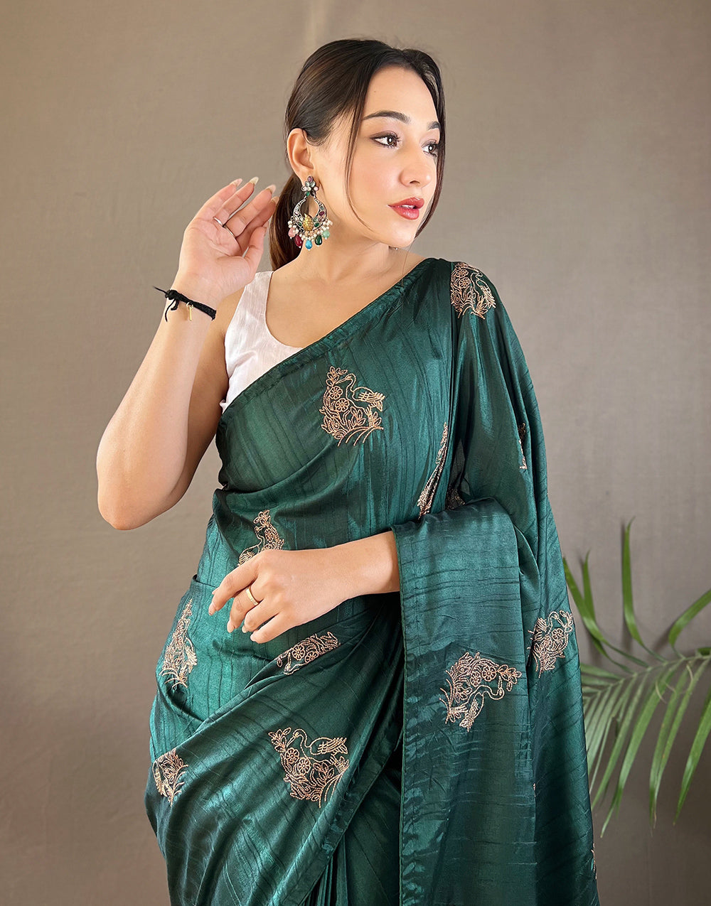 Dark Green Silk Saree With Embroidery Work