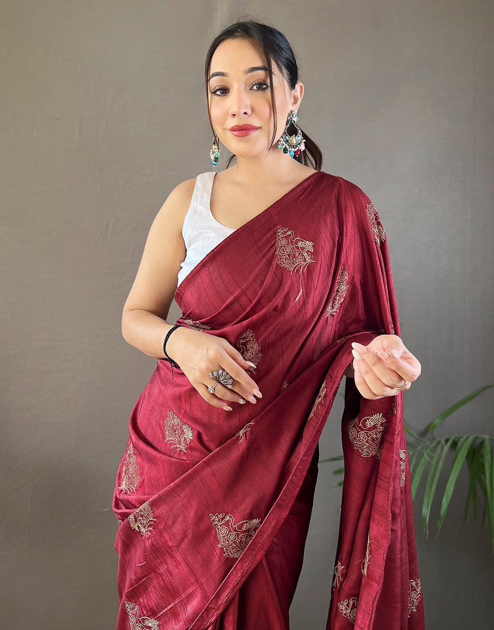 Currant Red Silk Saree With Embroidery Work