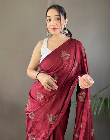 Currant Red Silk Saree With Embroidery Work