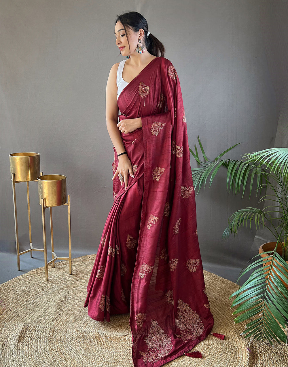 Currant Red Silk Saree With Embroidery Work