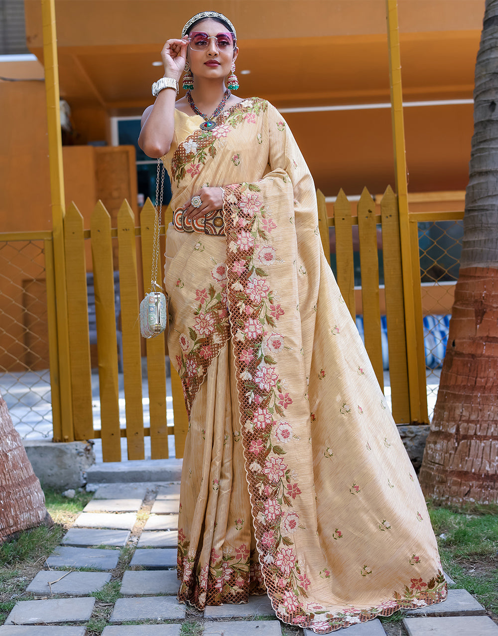 Cream Silk Saree With Embroidery Work