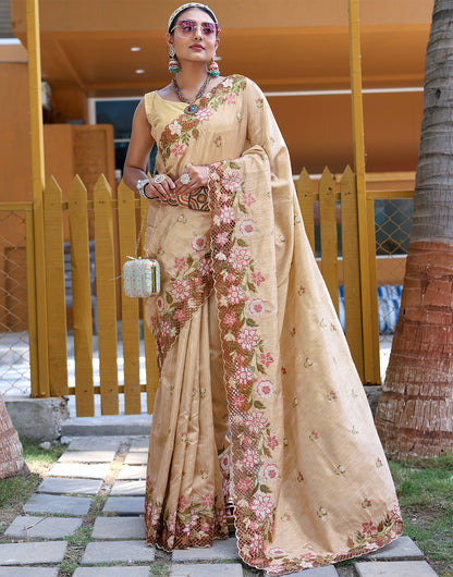 Cream Silk Saree With Embroidery Work