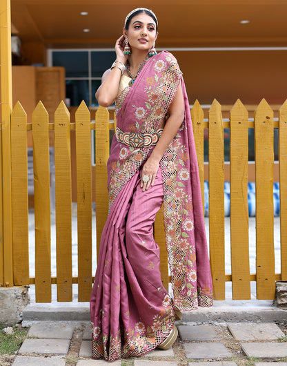 Dark Pink Silk Saree With Embroidery Work