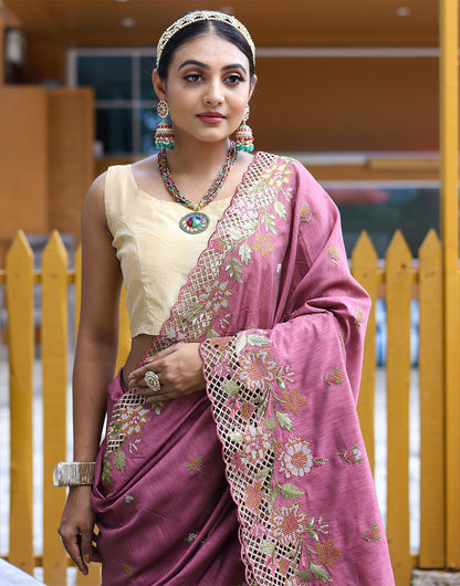 Dark Pink Silk Saree With Embroidery Work