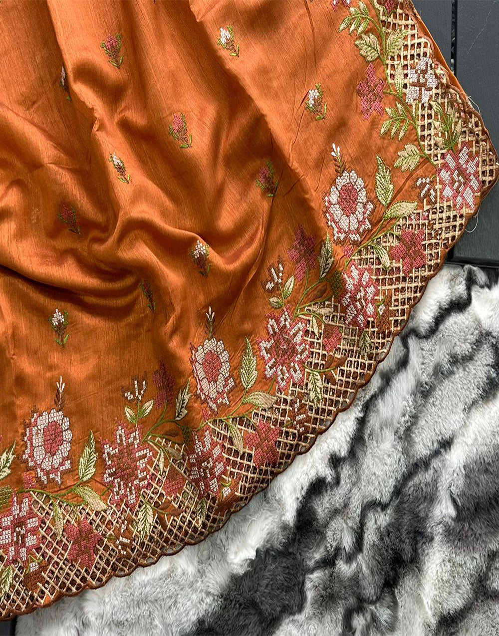 Orange Silk Saree With Embroidery Work