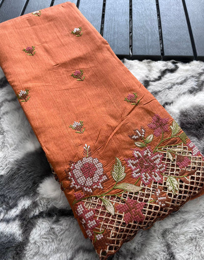 Orange Silk Saree With Embroidery Work