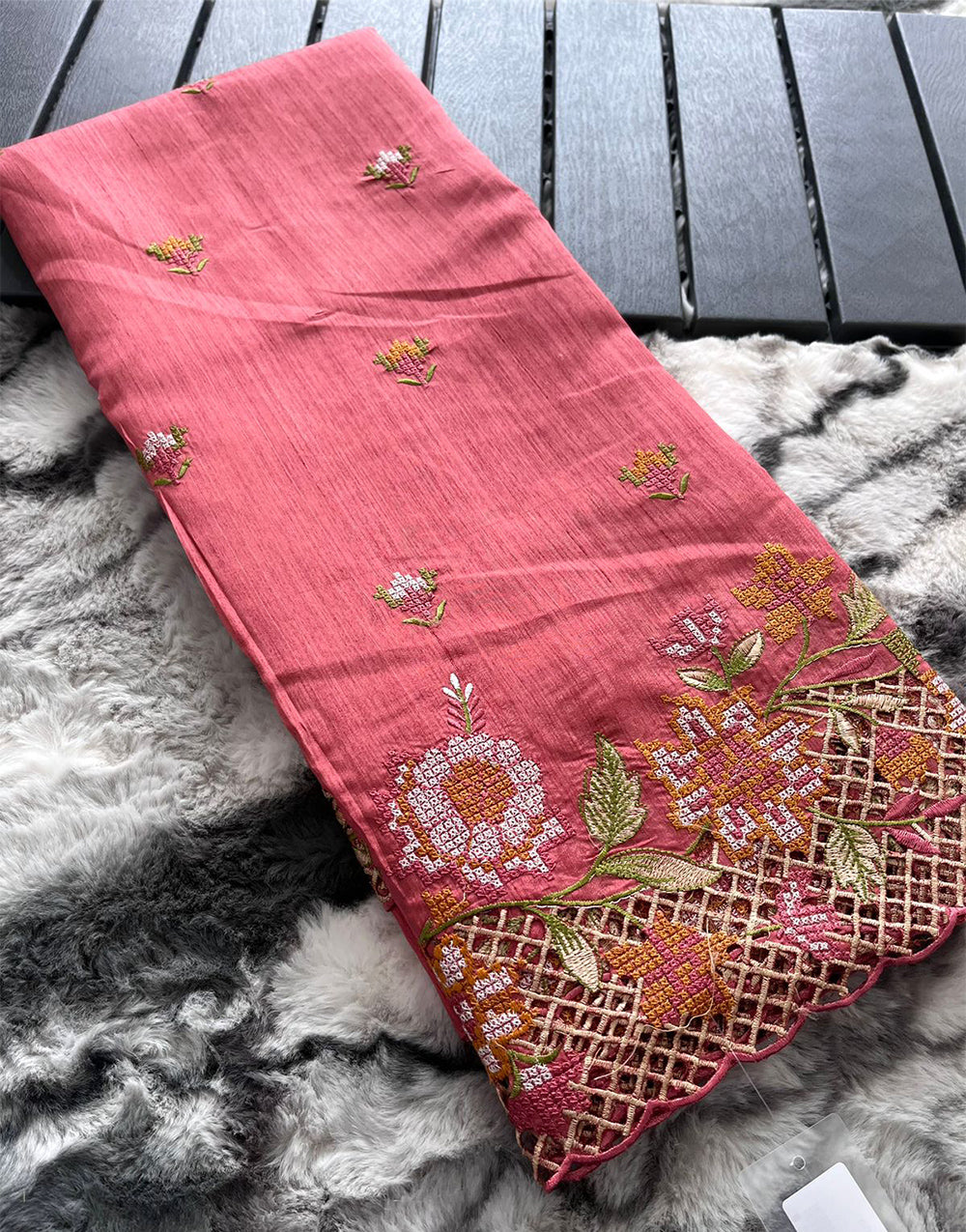 Rose Pink Silk Saree With Embroidery Work