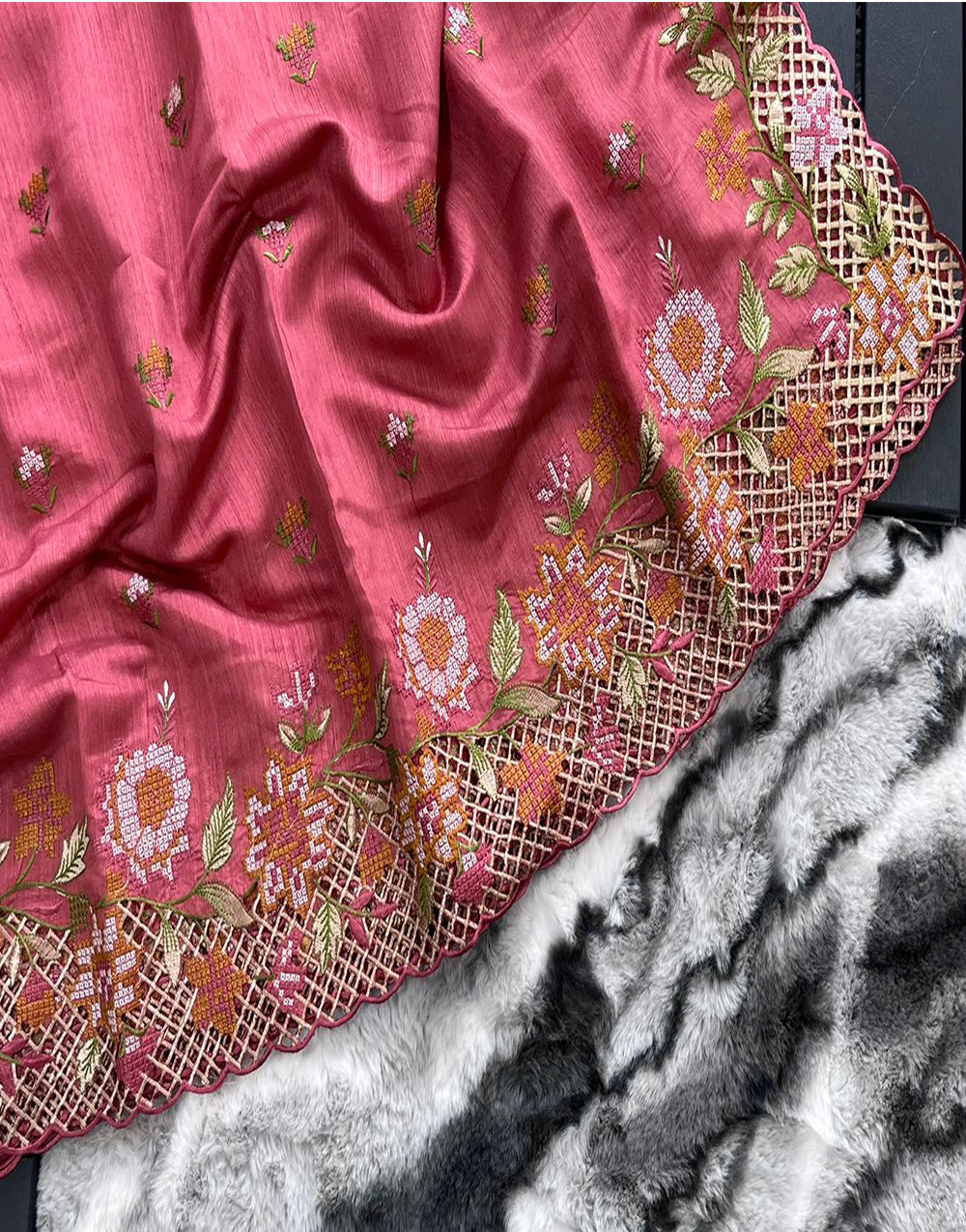 Rose Pink Silk Saree With Embroidery Work