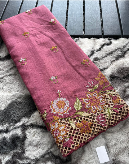 Dark Pink Silk Saree With Embroidery Work