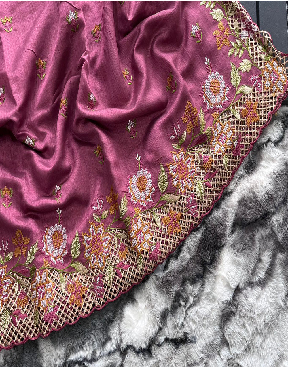 Dark Pink Silk Saree With Embroidery Work