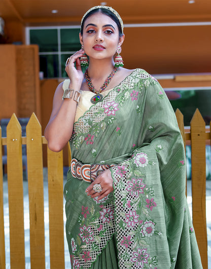 Green Silk Saree With Embroidery Work
