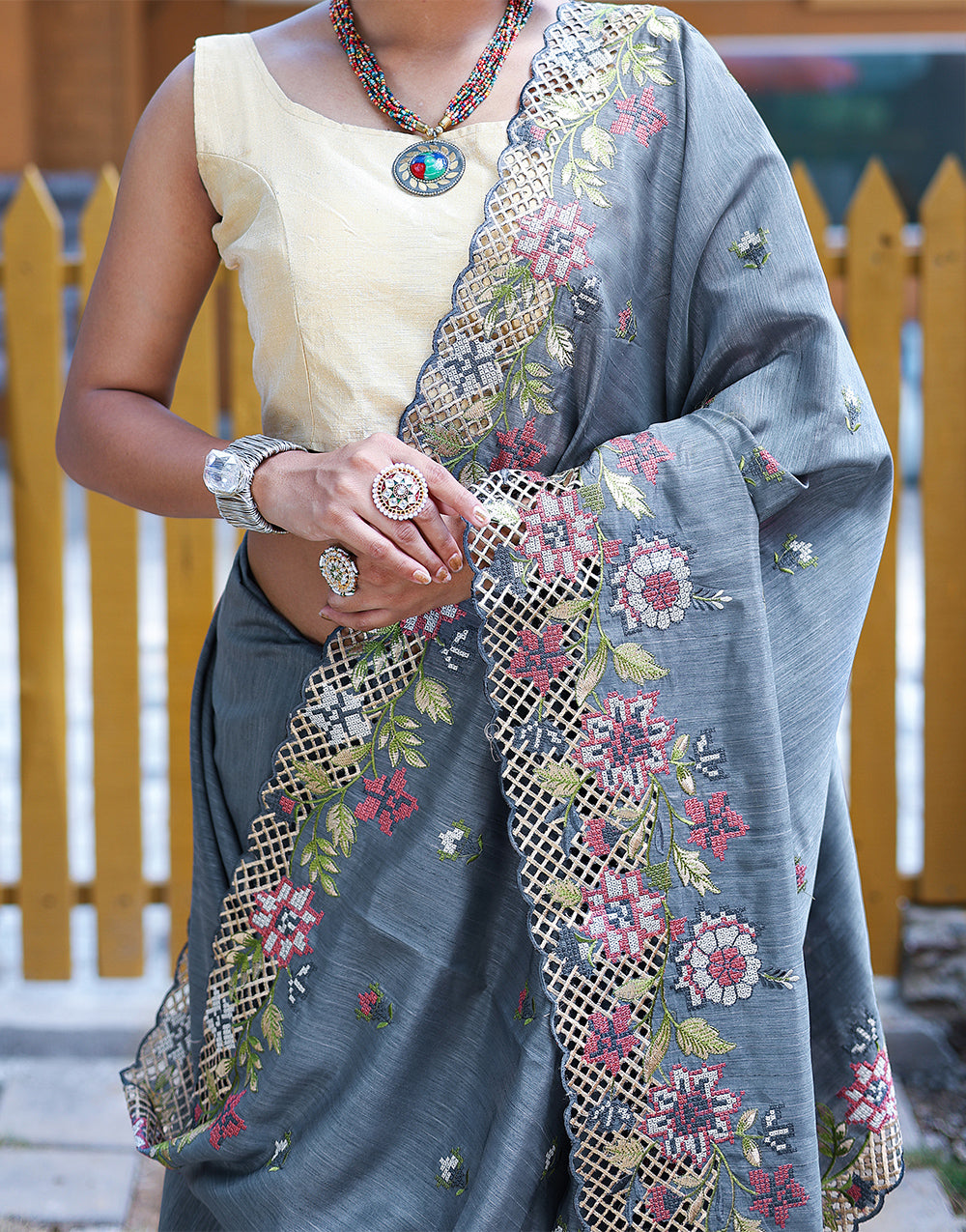 Grey Silk Saree With Embroidery Work