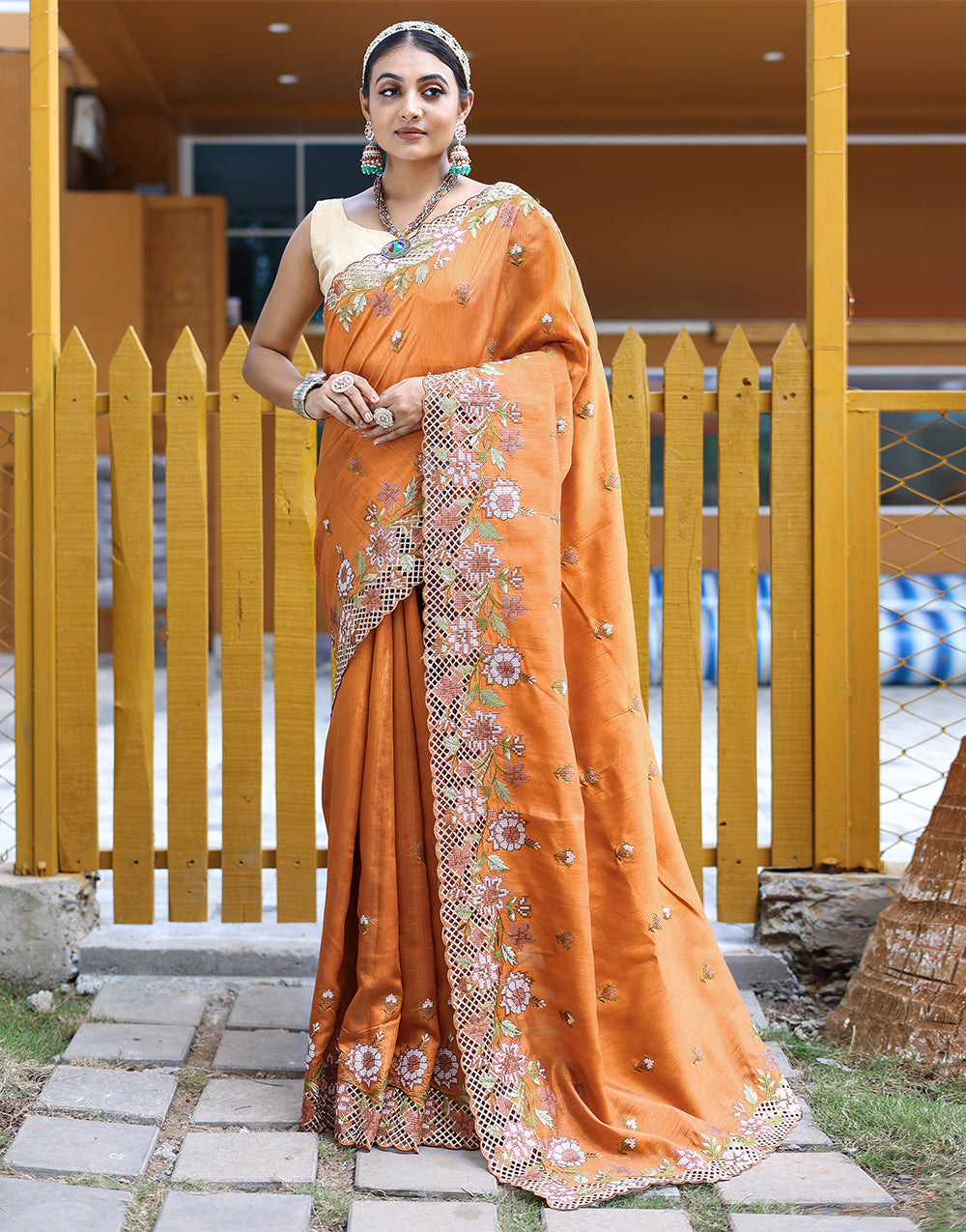 Orange Silk Saree With Embroidery Work