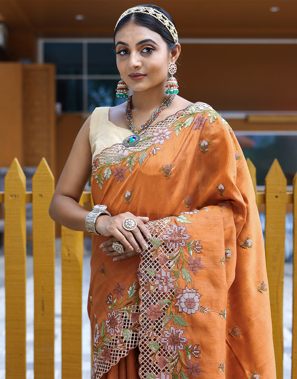 Orange Silk Saree With Embroidery Work