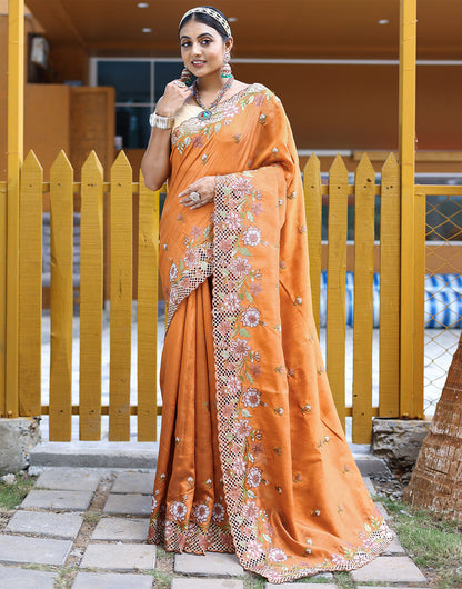 Orange Silk Saree With Embroidery Work