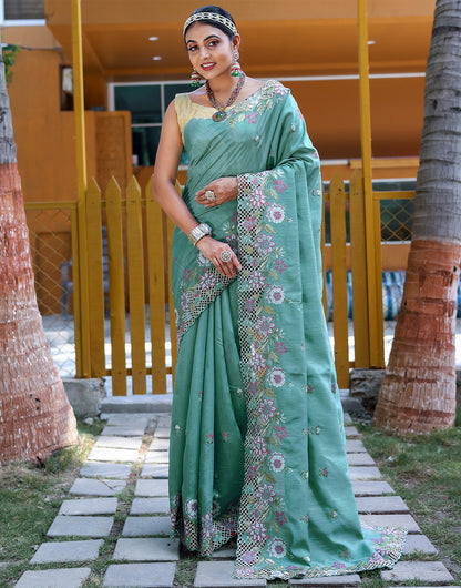 Rama Blue Silk Saree With Embroidery Work