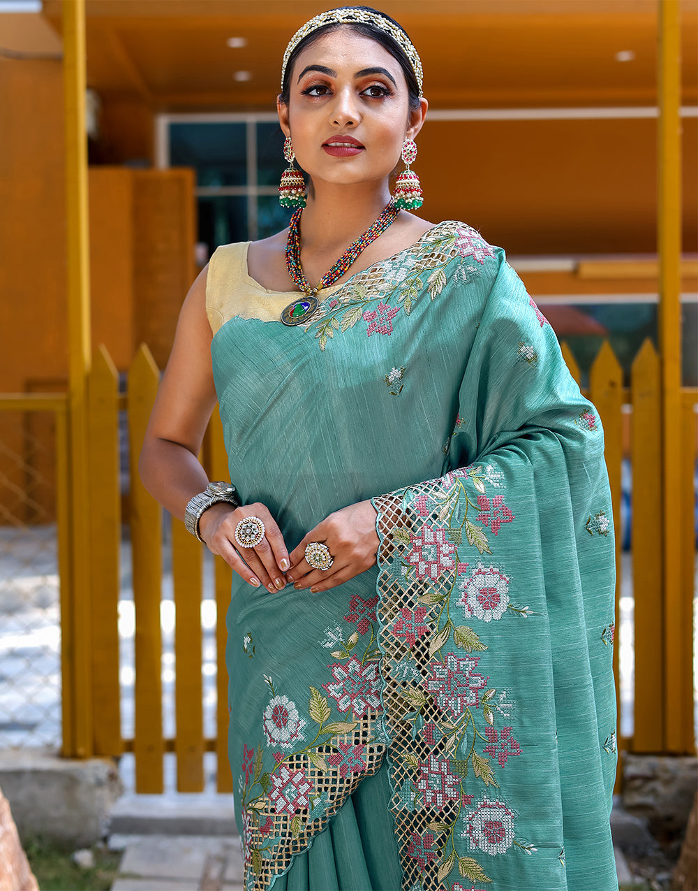 Rama Blue Silk Saree With Embroidery Work