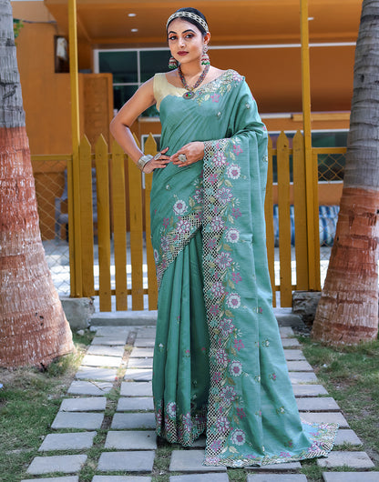 Rama Blue Silk Saree With Embroidery Work