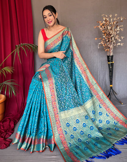 Dark Rama Blue Patola Saree With Weaving Work