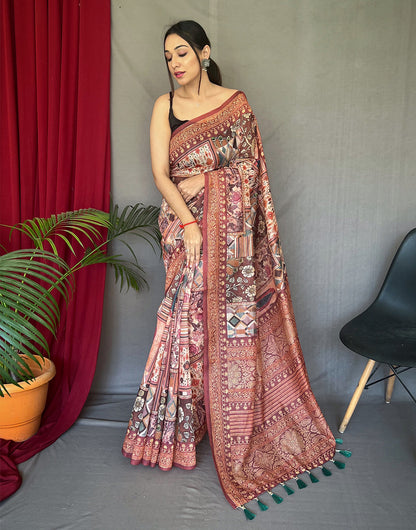 Dark Brown Cotton Saree With Printed Work