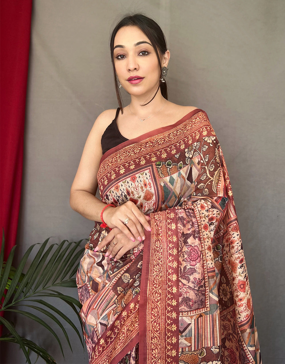 Dark Brown Cotton Saree With Printed Work