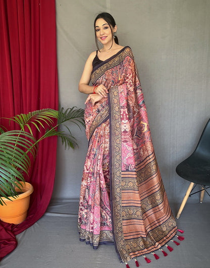 Rouge Pink Cotton Saree With Printed Work