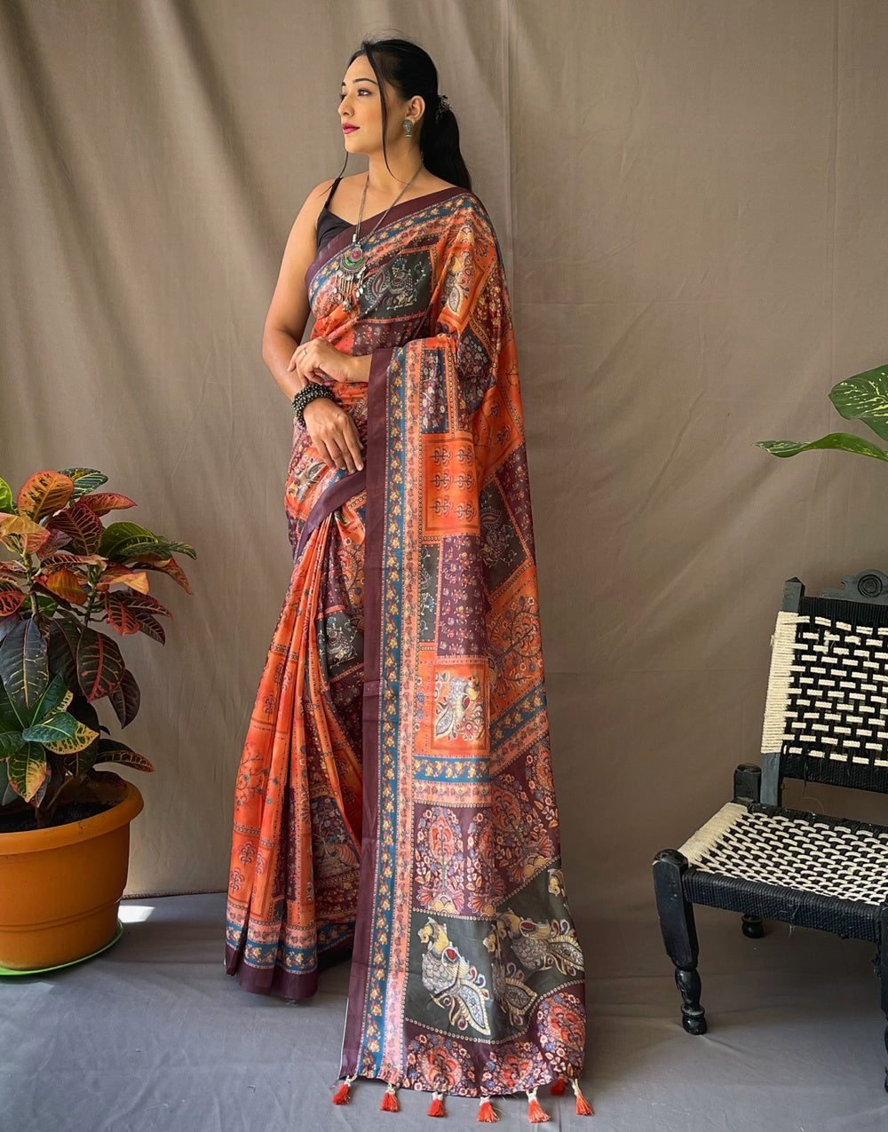 Fire Orange Soft Cotton With Kalamkari Prinrted