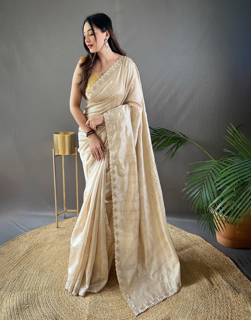 Cream Silk With Cutwork Fancy Border Saree