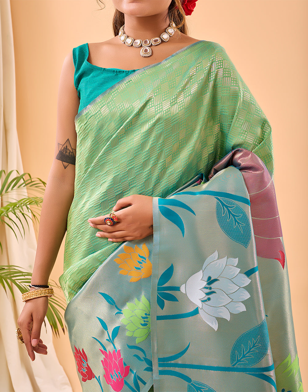 Green Paithani Silk Saree With Weaving Work