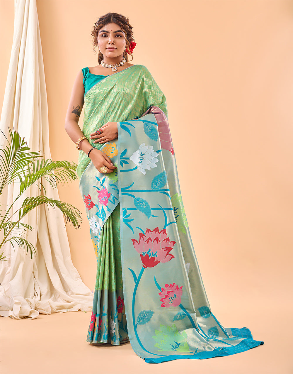 Green Paithani Silk Saree With Weaving Work