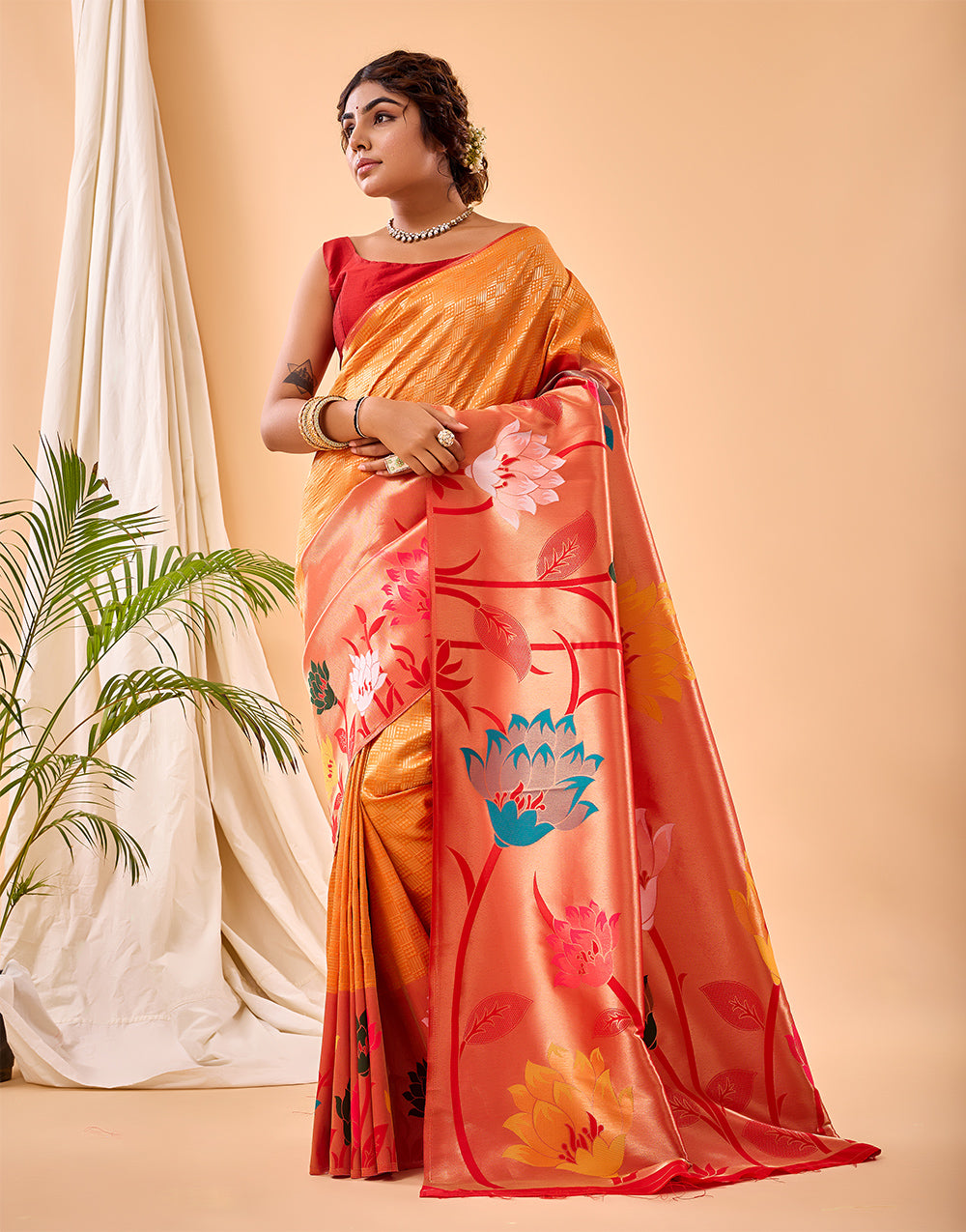 Orange Paithani Silk Saree With Weaving Work