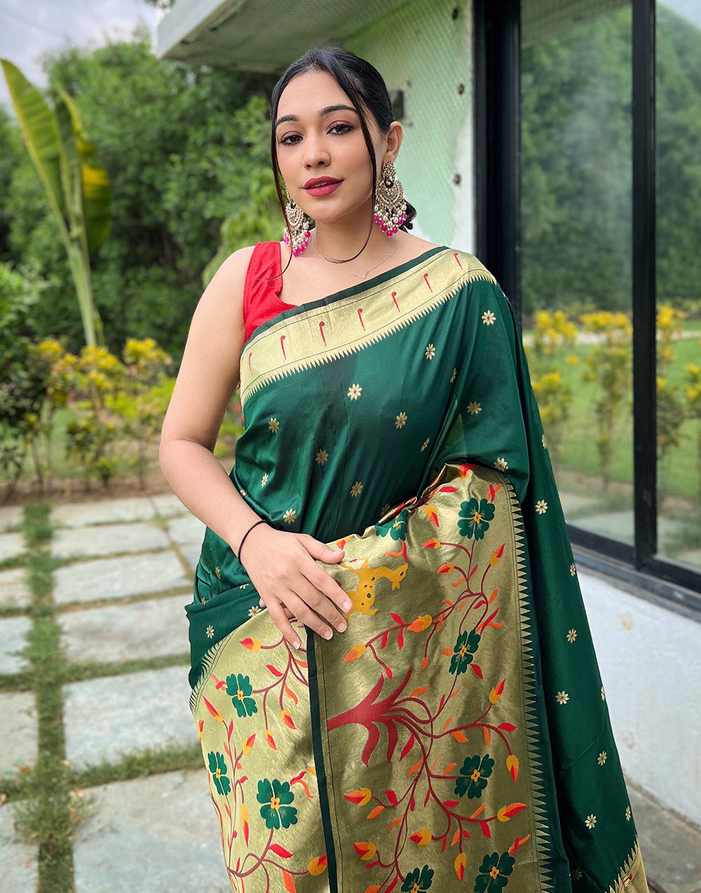 Dark Green Paithani Silk Saree With Weaving Work