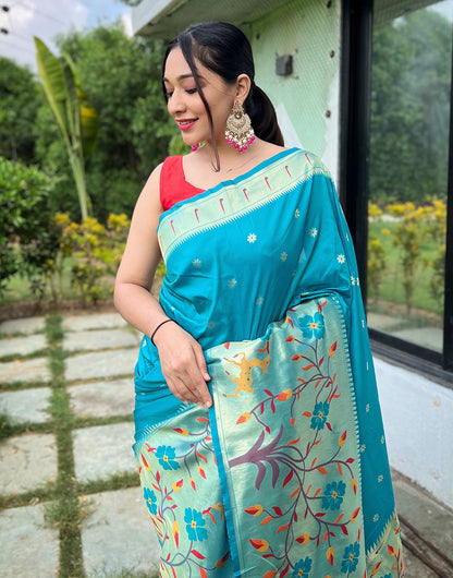 Aqua Blue Paithani Silk Saree With Weaving Work