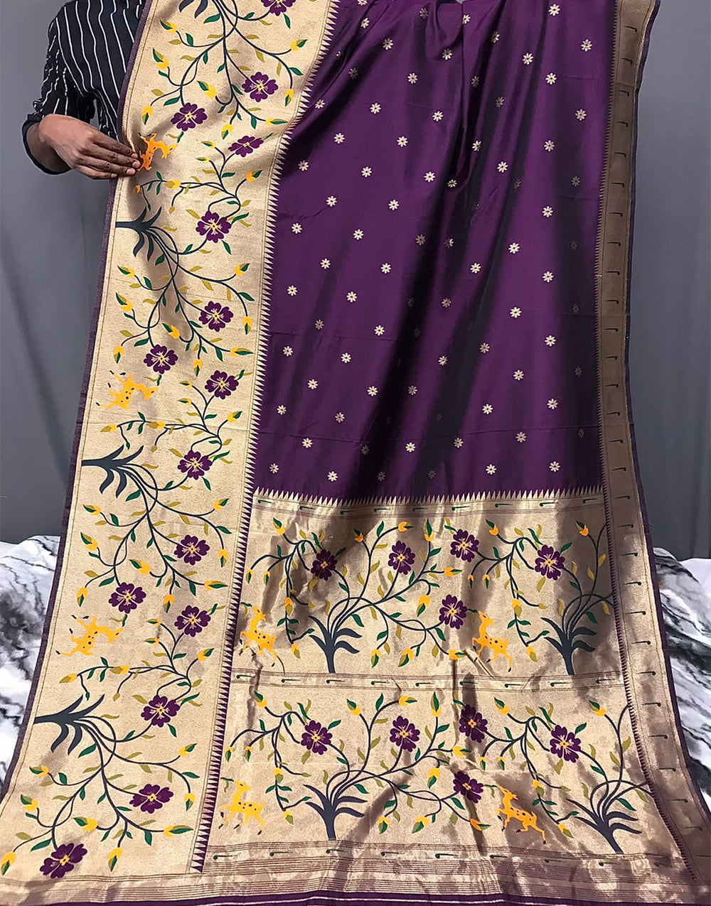 Wine Paithani Silk Saree With Zari Weaving Work