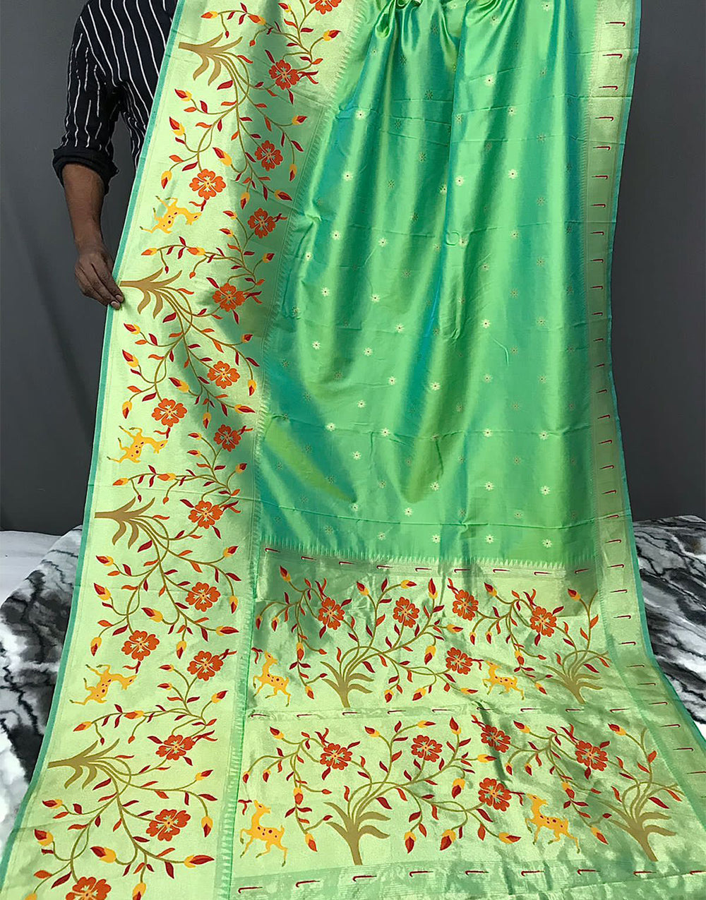 Parrot Green Paithani Silk Saree With Zari Weaving Work