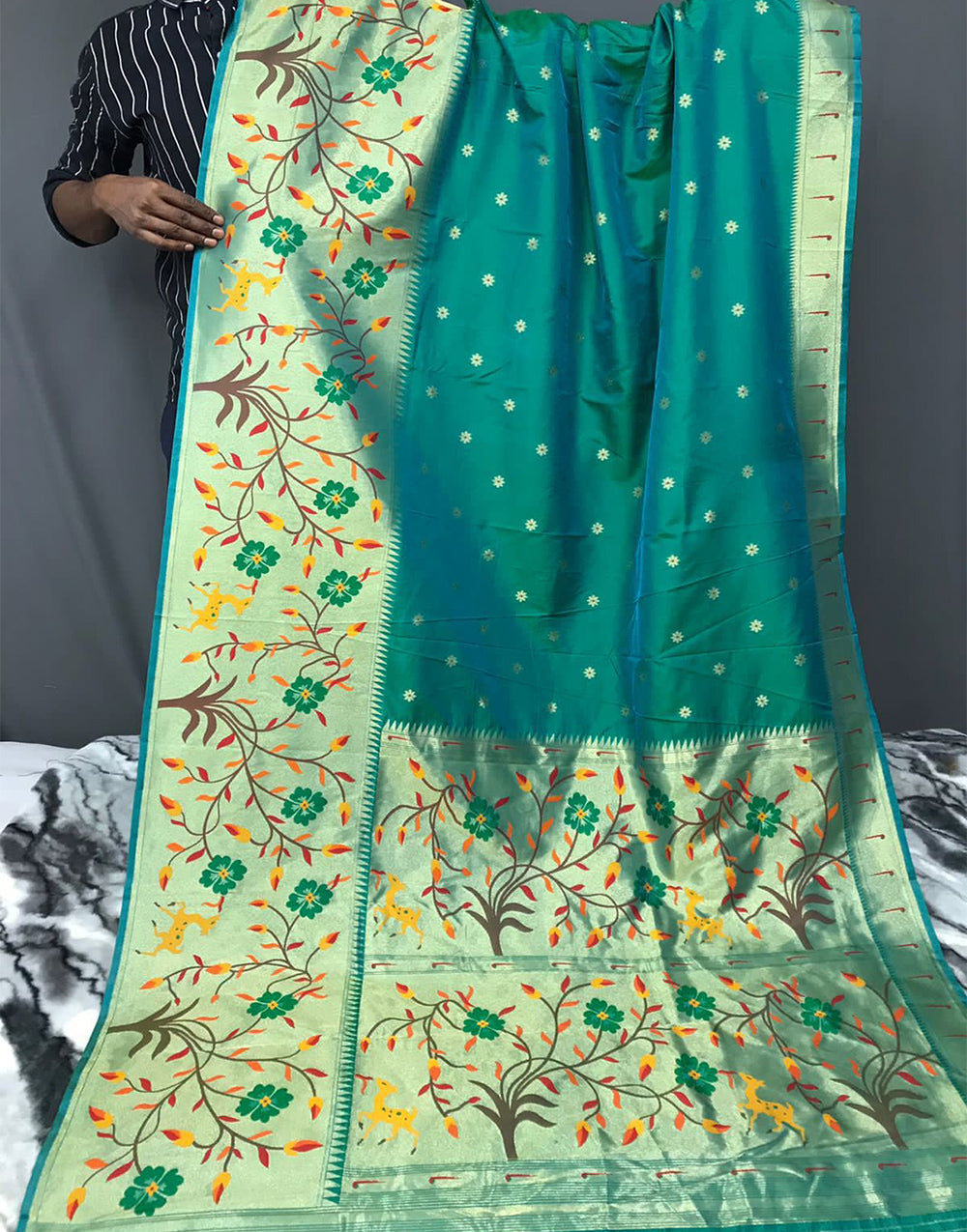 Sea Green Paithani Silk Saree With Zari Weaving Work