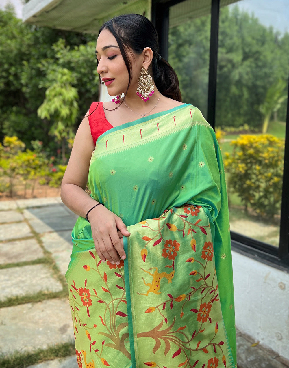 Green Paithani Silk Saree With Weaving Work