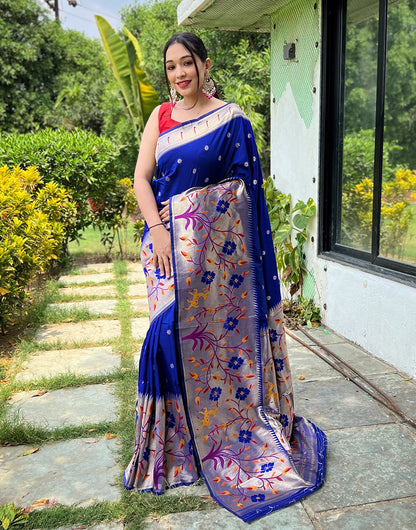 Navy Blue Paithani Silk Saree With Weaving Work