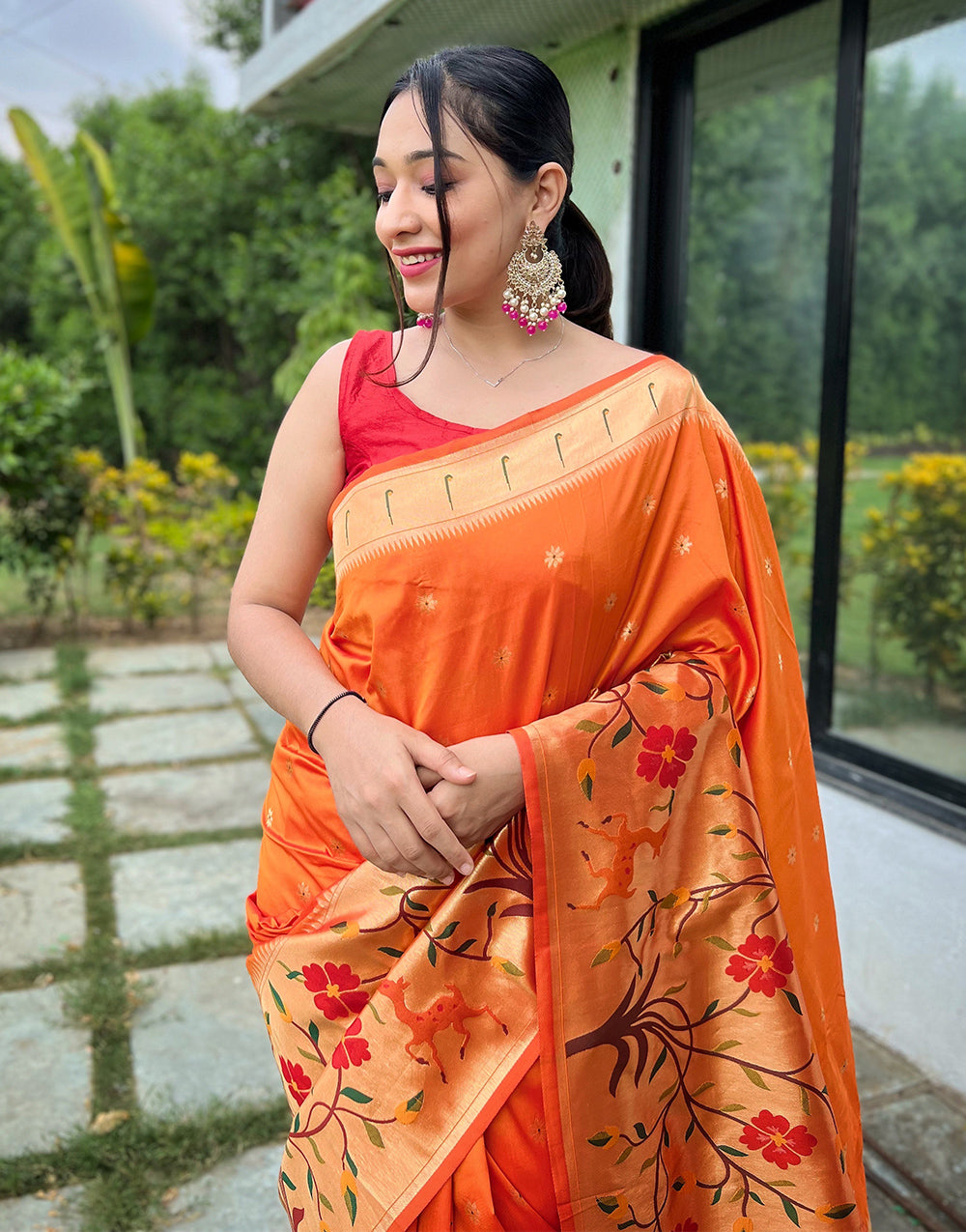 Orange Paithani Silk Saree With Weaving Work