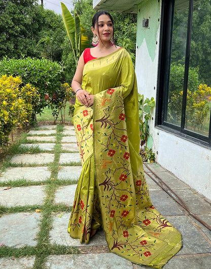 Pista Green Paithani Silk Saree With Weaving Work