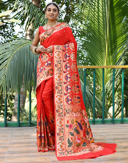Candy Apple Red Paithani Silk Saree With Weaving Work