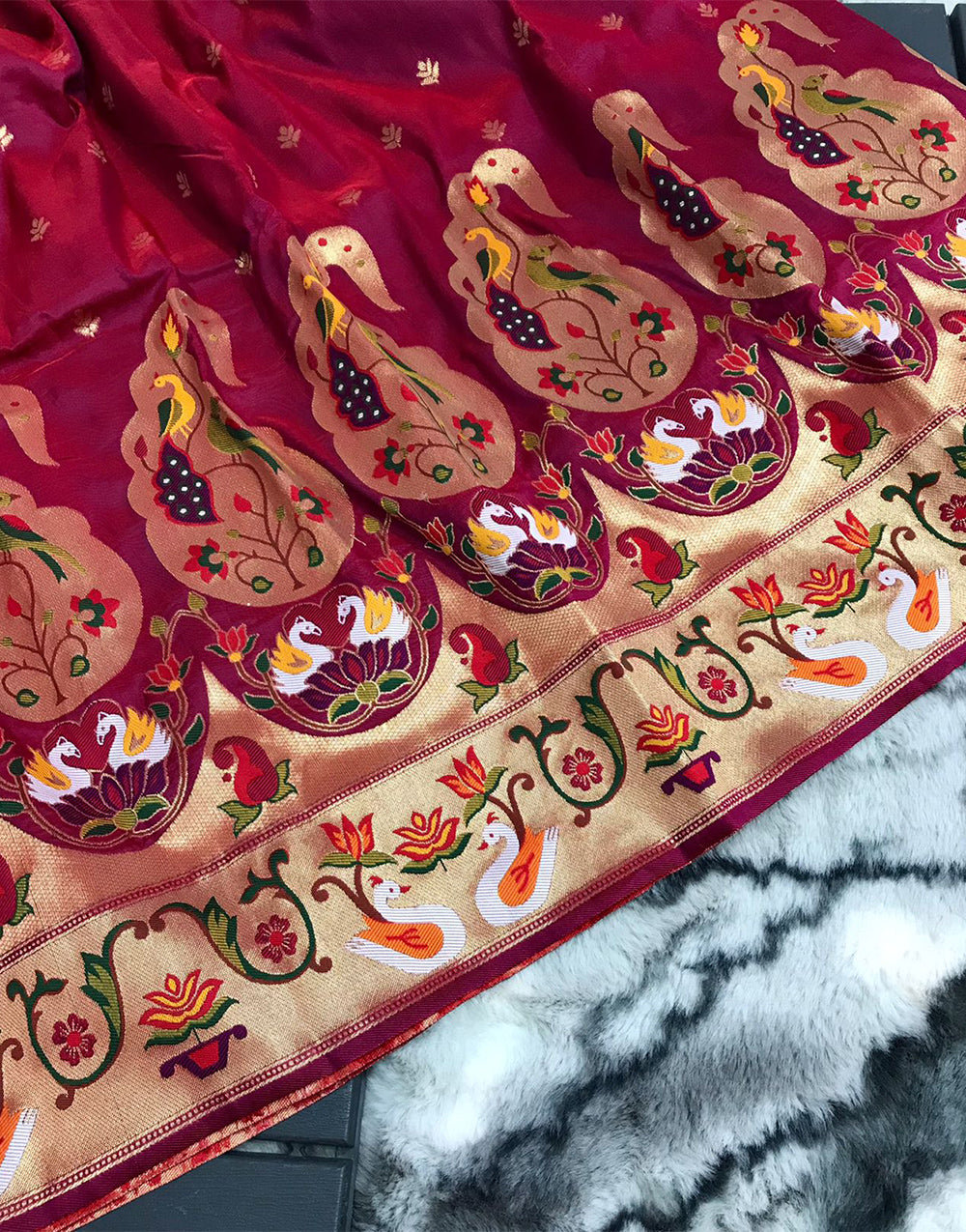 Burgundy Red Paithani Silk Saree With Weaving Work