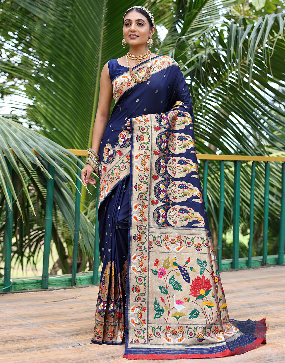 Midnight Blue Paithani Silk Saree With Weaving Work