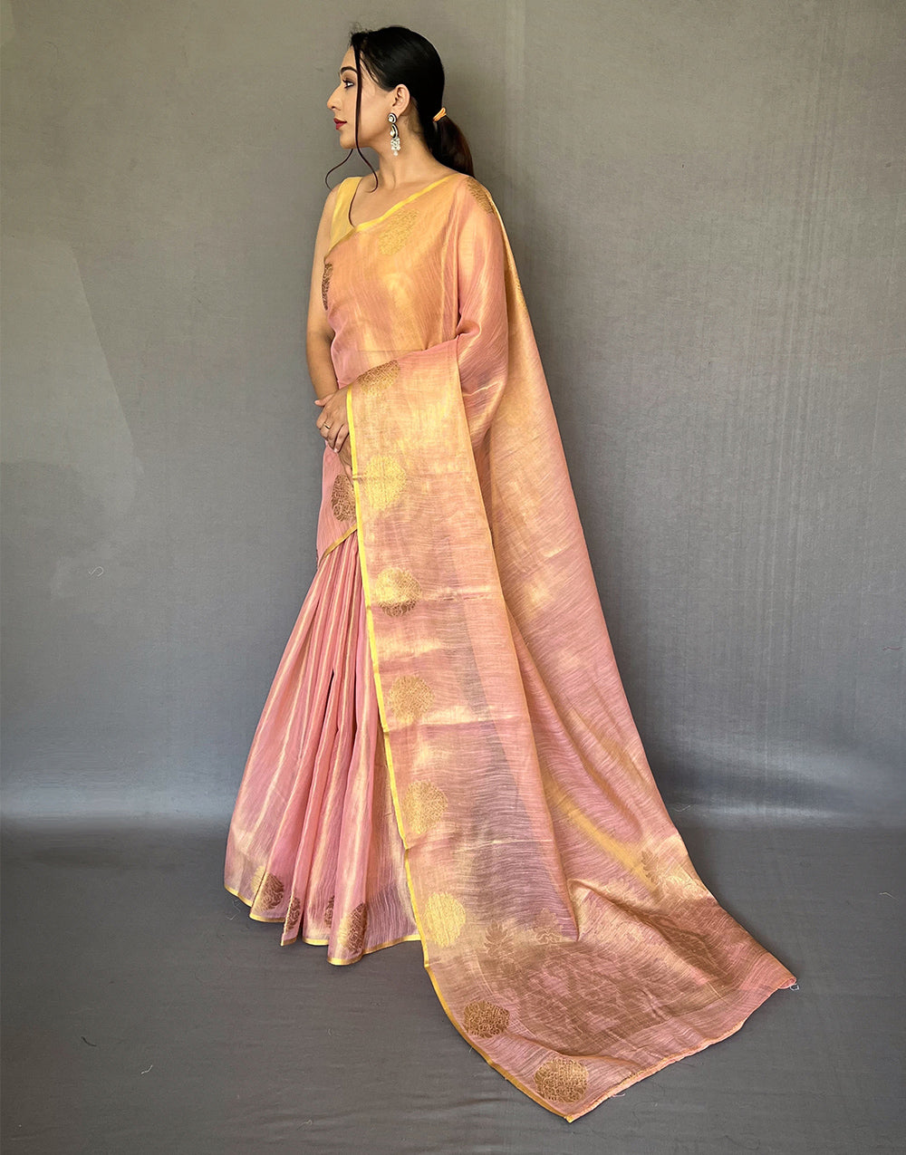 Baby Pink Tissue Silk Saree With Zari Weaving Work