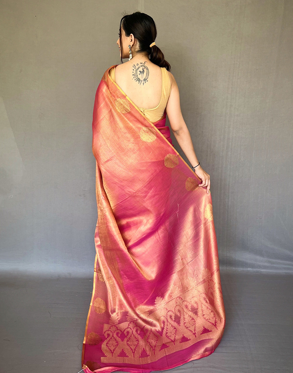Blush Red Tissue Silk Saree With Zari Weaving Work