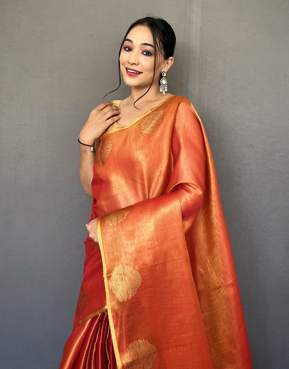 Vermllion Orange Tissue Silk Saree With Zari Weaving Work