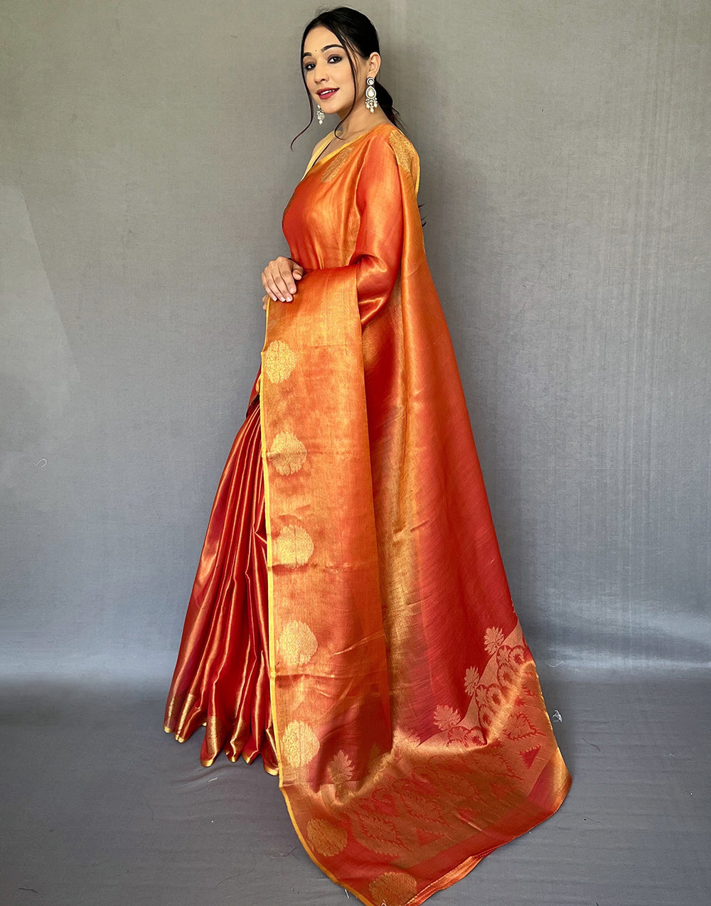 Vermllion Orange Tissue Silk Saree With Zari Weaving Work