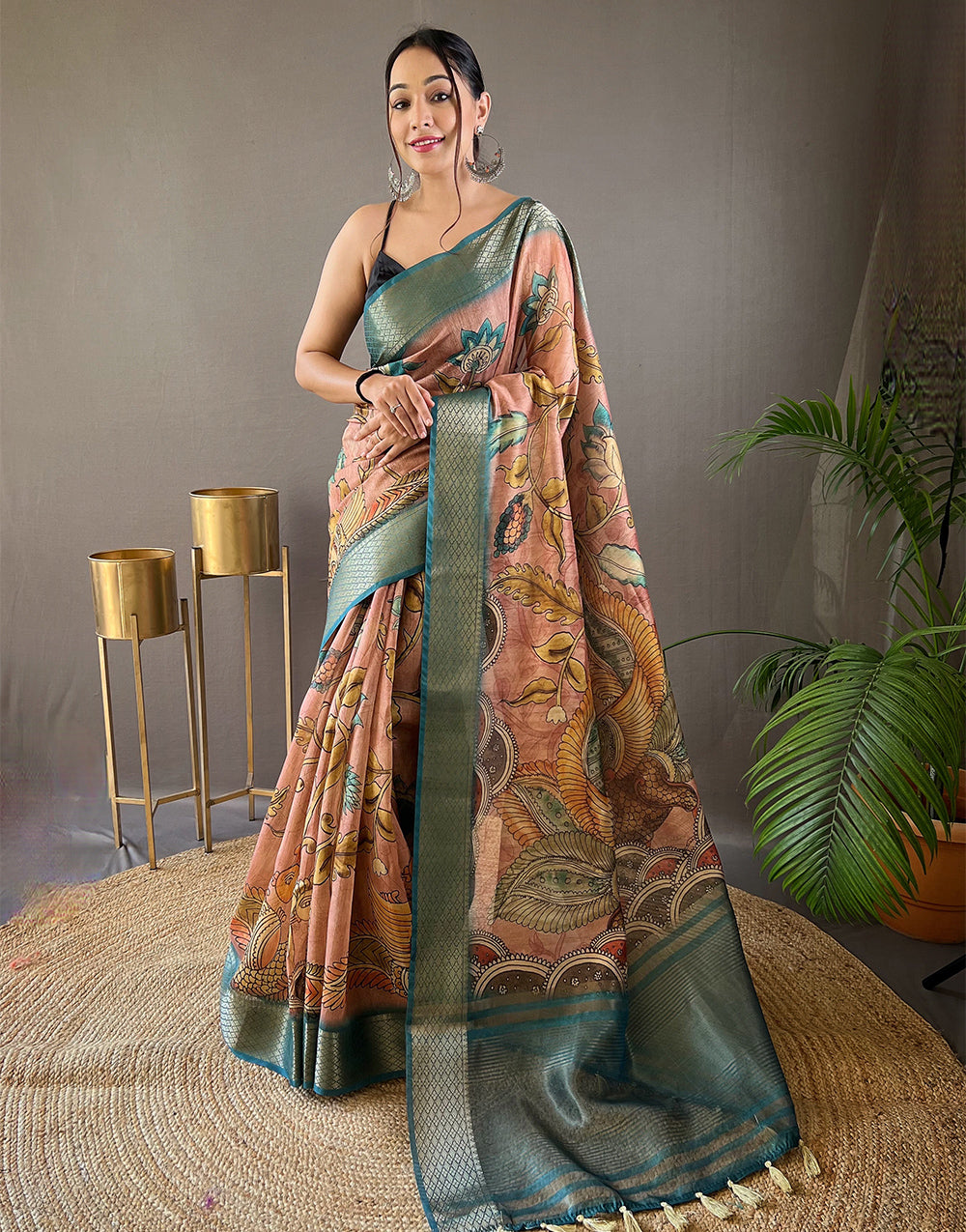 Light Brown Printed With Weaving Work